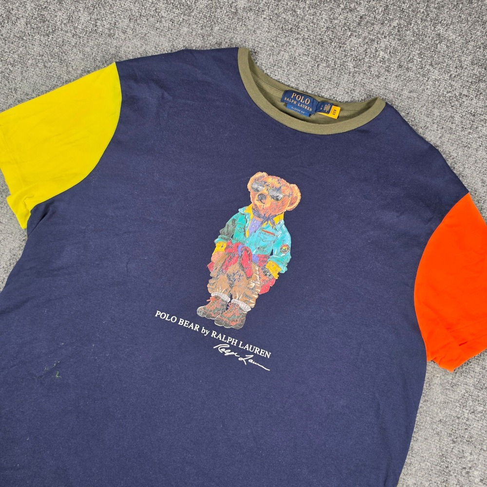 Polo Ralph Lauren Expedition Voyager Bear T-Shirt Mens L Navy Colorblock FLAWS